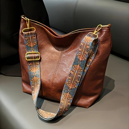 Bohemian Style Women Shoulder Bag, Vintage Wide Strap Crossbody with Intricate Embroidery, Versatile for Casual Commuting Wear