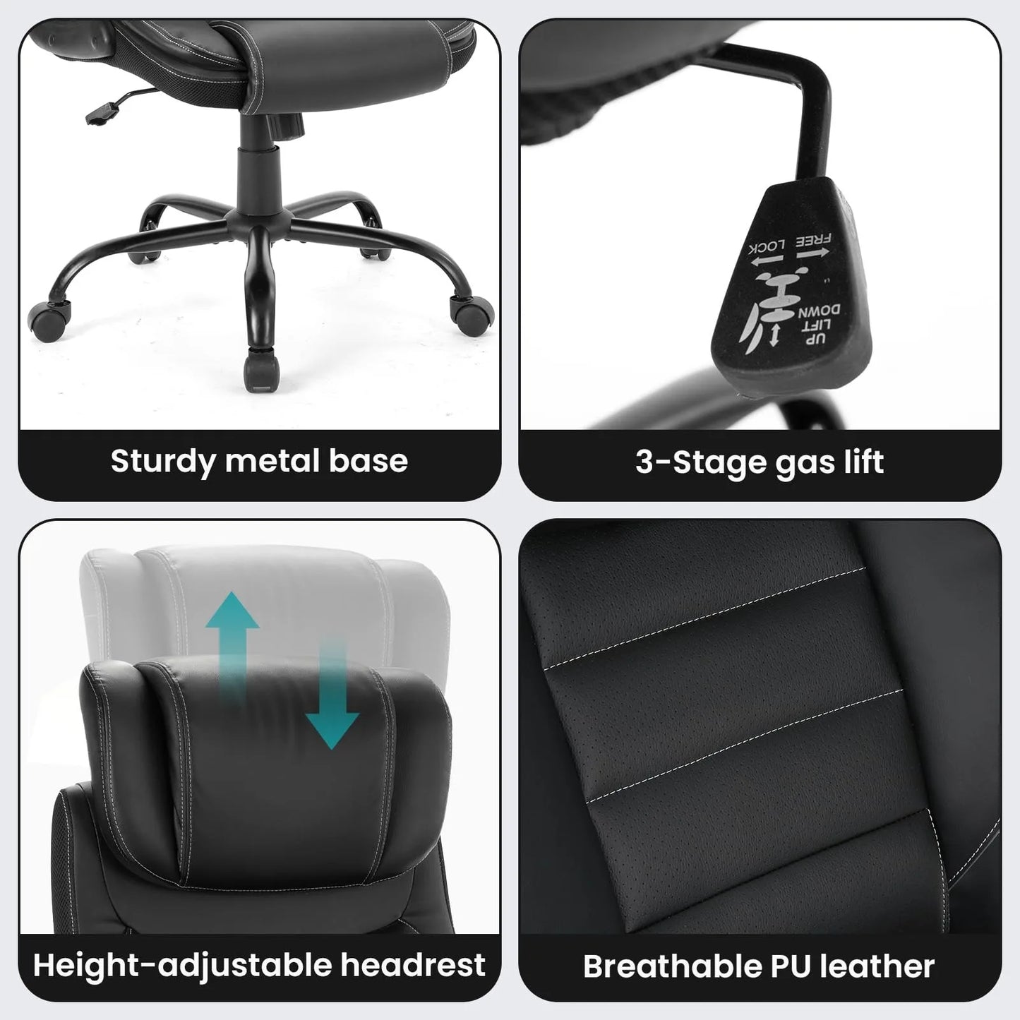 Ergonomic Executive Office Chair High Back Faux Leather Adjustable Headrest Lumbar Support Gas Lift Office Chair for Home Office
