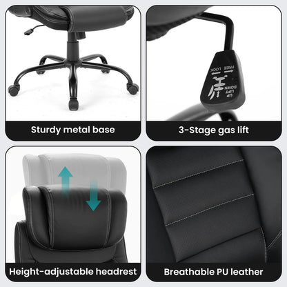Ergonomic Executive Office Chair High Back Faux Leather Adjustable Headrest Lumbar Support Gas Lift Office Chair for Home Office