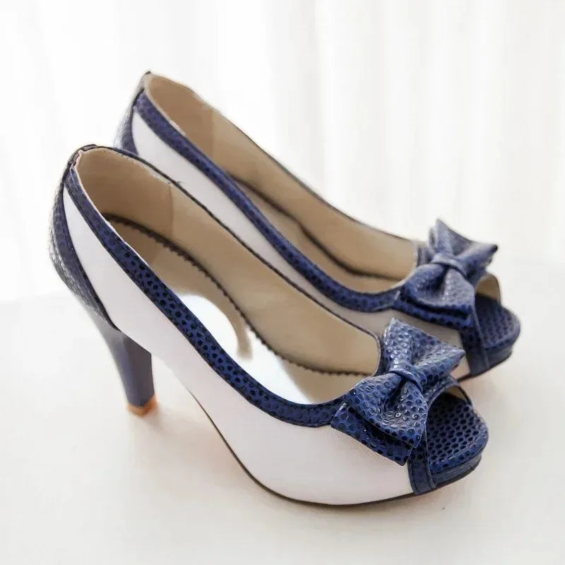 Women's Pumps Shoes High Heels Dress Pump Peep Toe Sweet Bowtie Nude Blue Working Party Wedding Shoes Female 2025 Spring