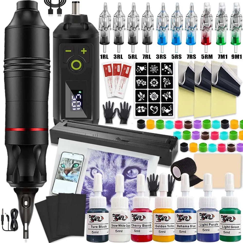 Tattoo Machine Kit Professional Tattoo Kit with Tattoo Transfer Machine Printer or Not Wireless Tattoo Power Supply Beginner Set