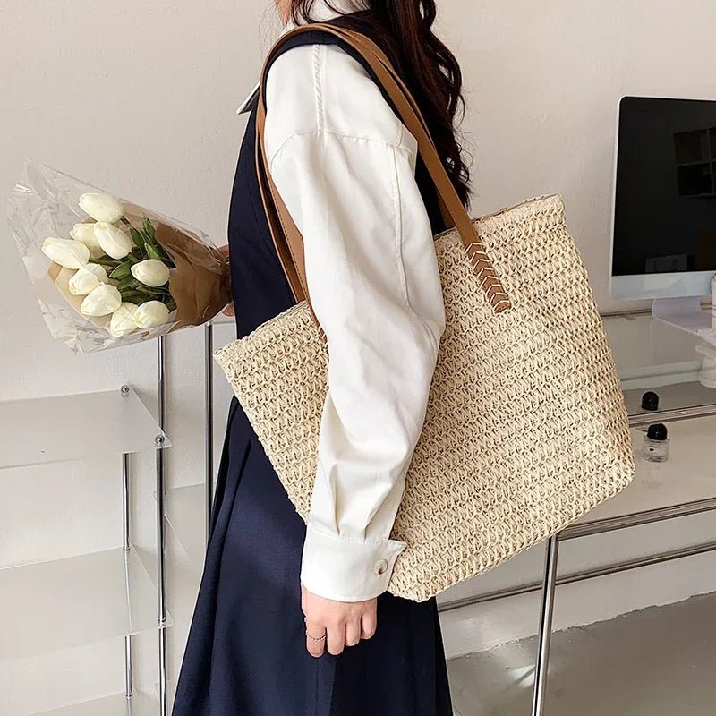 Hand-woven Women's Shoulder Handbag Bohemian Fashion Straw Beach Tote Bag Travel Shopper Weaving Shopping Bags