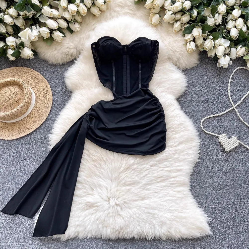 Foamlina  American Sexy Hollowed-out Waist Tube Top Dress for Women's Pleated Waist Hip-wrapped Streamer Girl's Short Dress