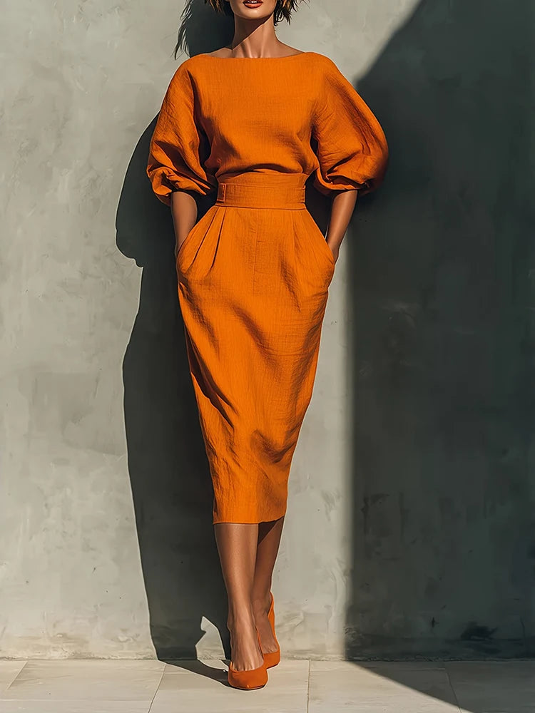 Elegant Fashion Solid Party A-lien Dress Casual O-neck Lantern Sleeve Pocket Dress Temperament High Waist Pleated Wrap Hip Dress