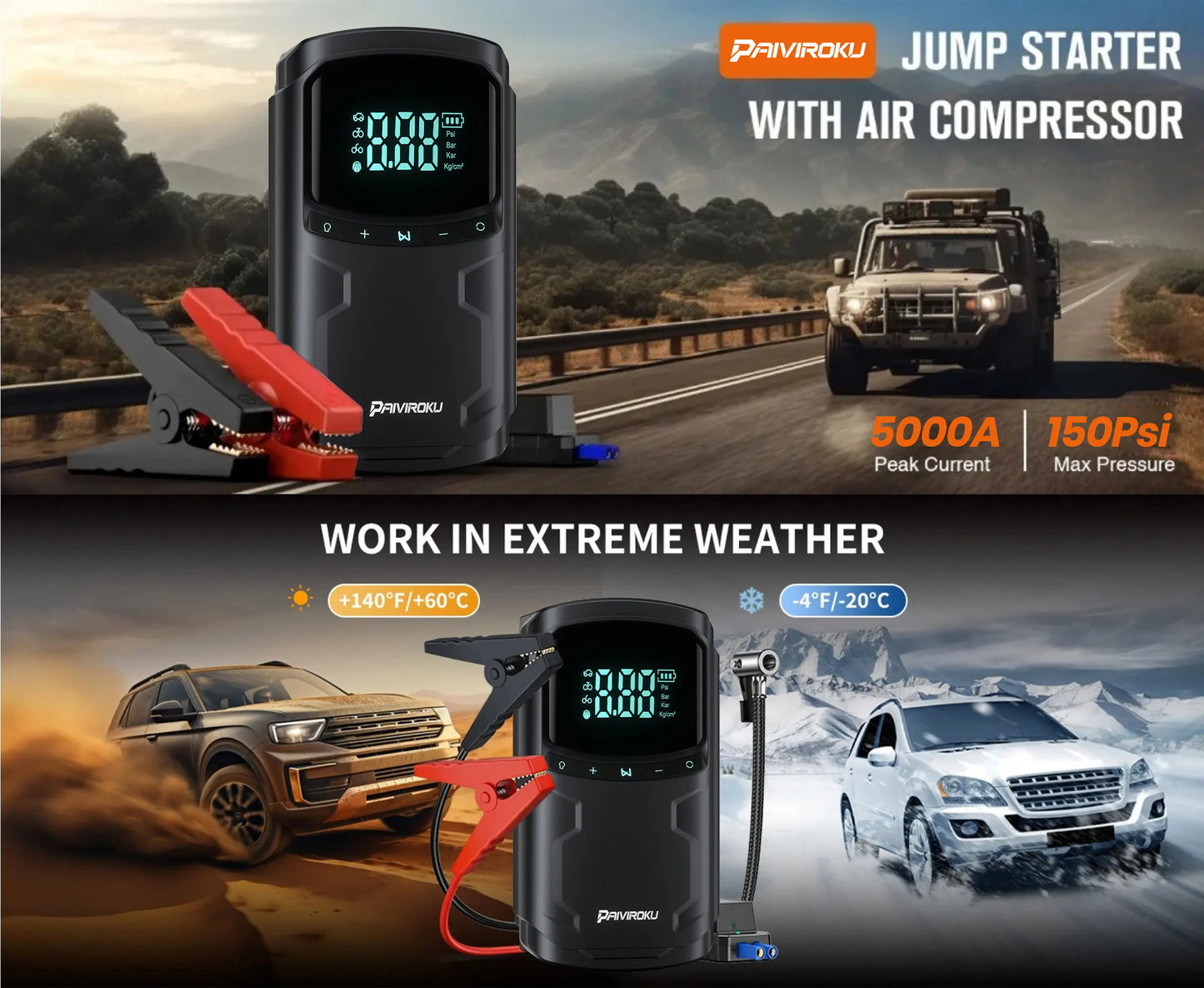 Car Jump Starter with Air Compressor Peak 5000A Auto Battery Booster 150PSI Air Pump Portable Power Bank Tire Inflator Lighting