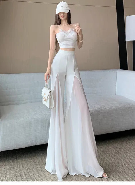 White mesh fishtail flared pants women summer thin design high waist hanging feeling elegant chiffon wide leg casual pants