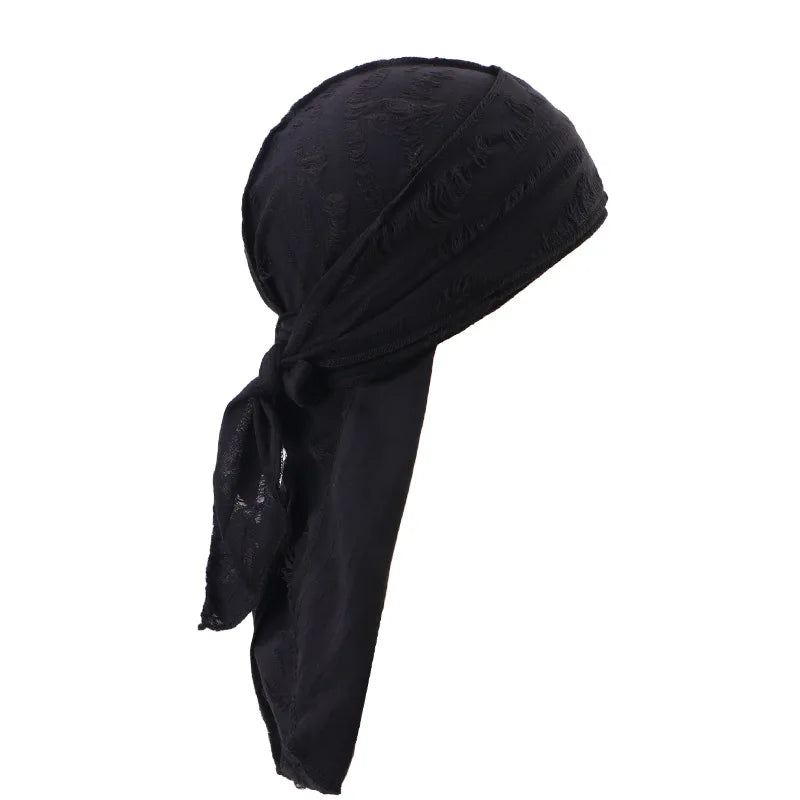 Men's Distressed Street Pirate Style Durag Head Wrap,Breathable Casual Streetwear Bandana with Double Long Tail Strap Pirate Hat