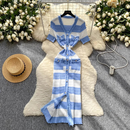 YuooMuoo Chic Fashion Sexy Package Hips Knitted Long Dress 2025 Spring and Summer Elegant Slim Waist Office Lady Sweater Dress