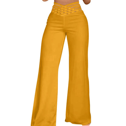 Women Wide Leg Flared Pants New Y2k Casual Crisscross Sheer Mesh Patch High Waist Trousers Elegant Streetwear Work Pants