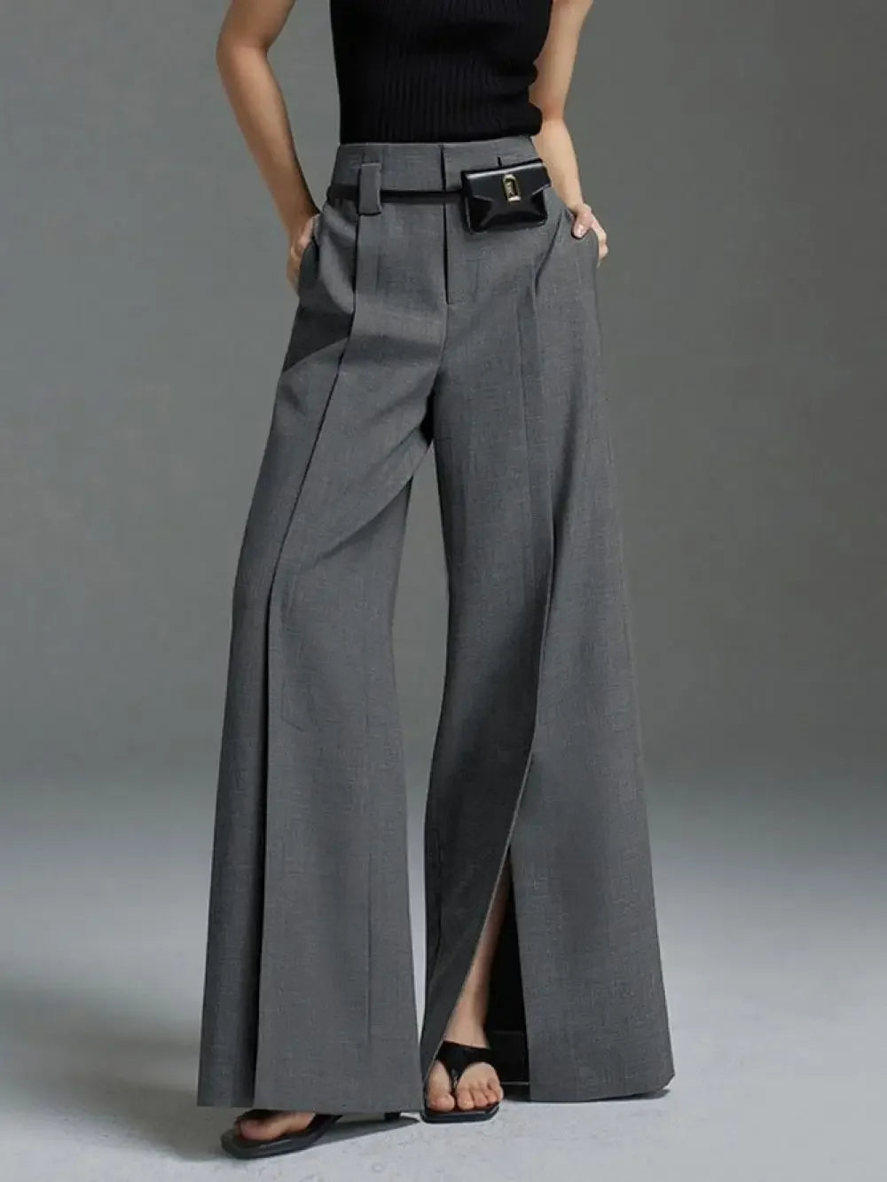Yeezzi Urban Female Business Suit Pants 2025 New Fashion Black White Loose Straight Pant High-Waist Pleated Split-Front Trousers