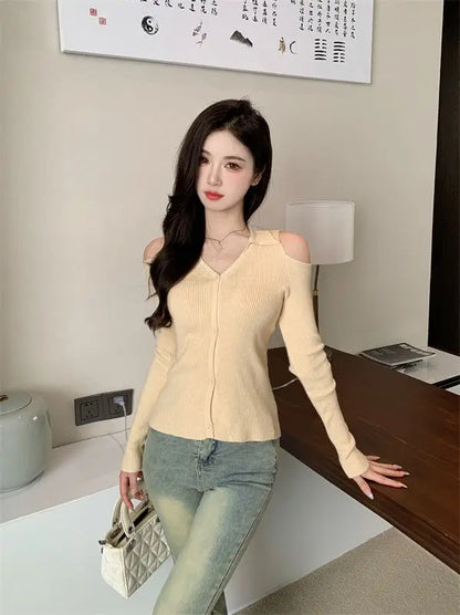 Women Clothing Autumn Fashion Simplicity All-match Screw Thread Knitting Female Solid Color V-neck Slim Sweater Pullovers Tops