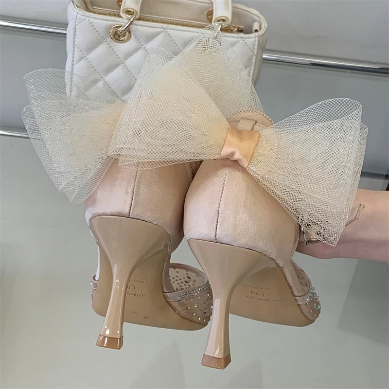 Eilyken Spring Sexy Crystal Mesh Bowknot Pumps Women Pointed Toe Buckle Strap Sandals Thin Heels Party Shoes Zapatos Mujer