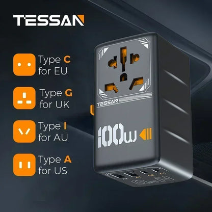 TESSAN 100W GaN Universal Travel Adapter with USB &Type C Fast Charging International Plug Adapter EU/UK/USA/AUS Plug for Travel
