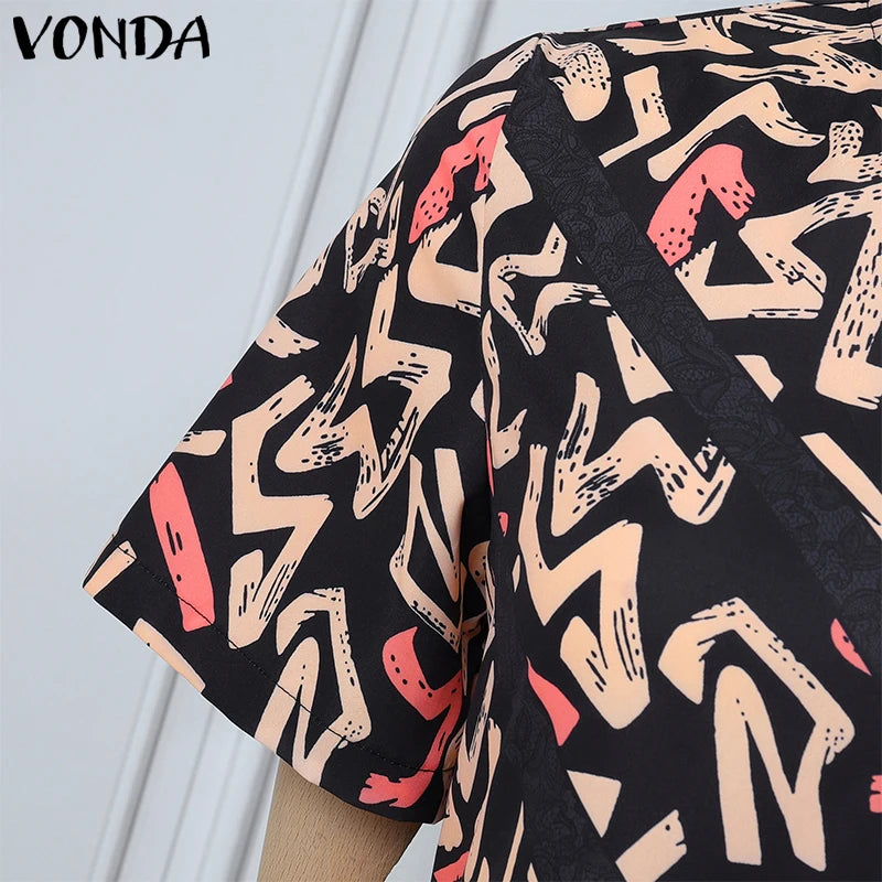 VONDA Women Vintage Maxi Dress Short Sleeve Summer Party Vestidos 2025 Casual Printed A-line Robe Bohemian V-Neck Long Sundress
