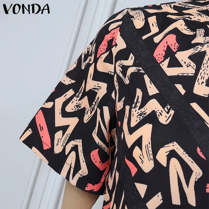 VONDA Women Vintage Maxi Dress Short Sleeve Summer Party Vestidos 2025 Casual Printed A-line Robe Bohemian V-Neck Long Sundress