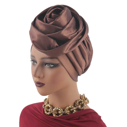 Raw Silk Big Rose Flower African Turban Caps for Women Headwear Head Wraps Nigerian Wedding Geles Party Headgear Bonnet