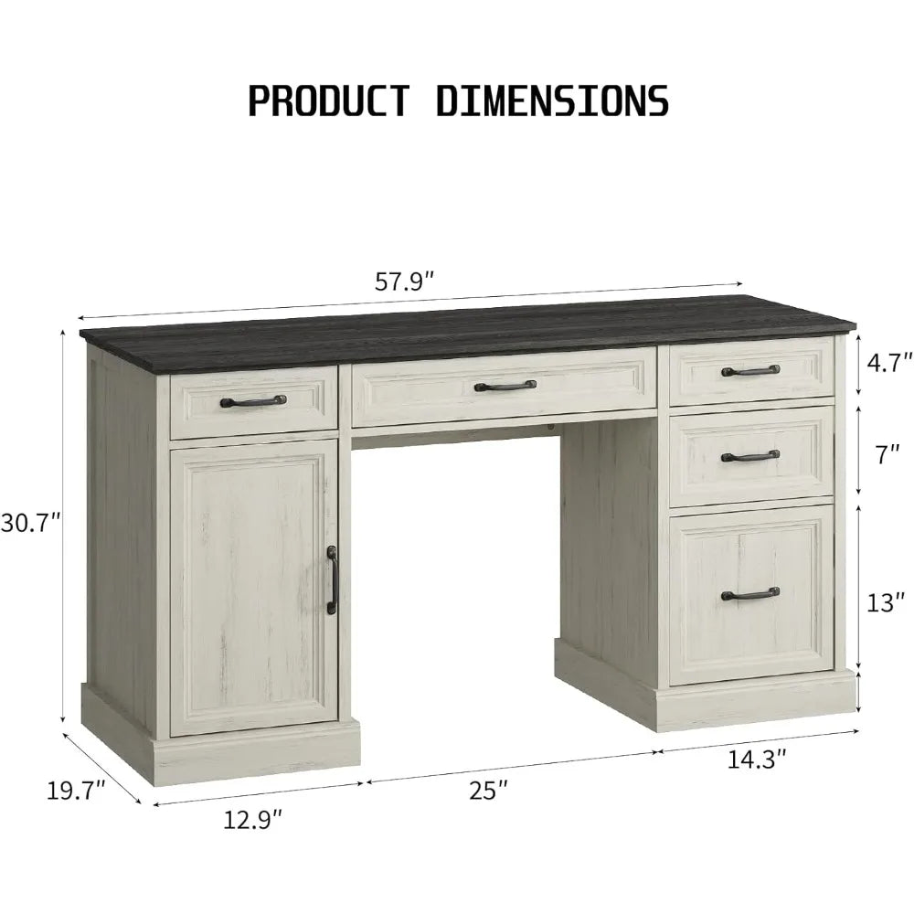 58'' Farmhouse Executive Desk with Drawers, Home Office Desk with File Drawer and Storage Cabinet, Rustic Computer Desk