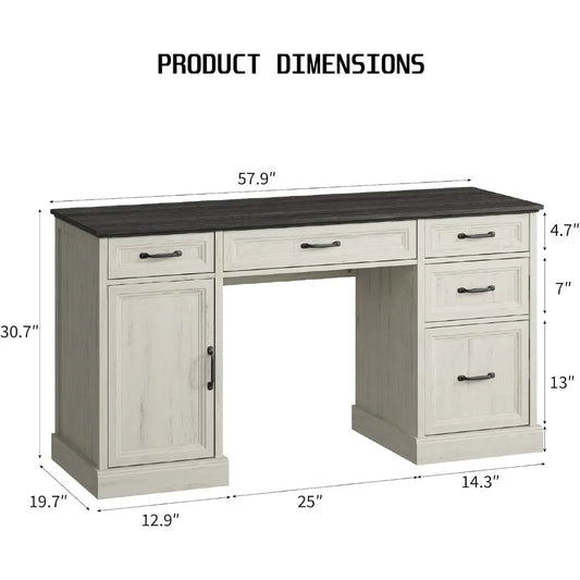 58'' Farmhouse Executive Desk with Drawers, Home Office Desk with File Drawer and Storage Cabinet, Rustic Computer Desk