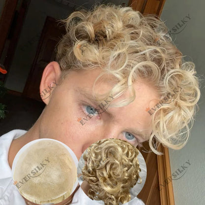 26mm Loose Curly 0.06mm Natural Hairline Men Toupee Ultra Thin Skin Full VLoop 1B80 613# Blonde Male Human Hair Prosthesi System