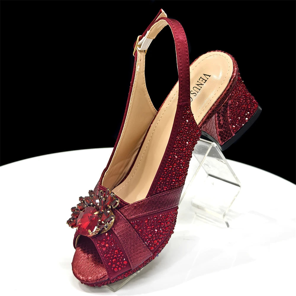 2025 Elegant Green Peep-Toe Heel Pumps for Women with Diamond Accents - Italian Matching Shoes and Bags Set for Parties