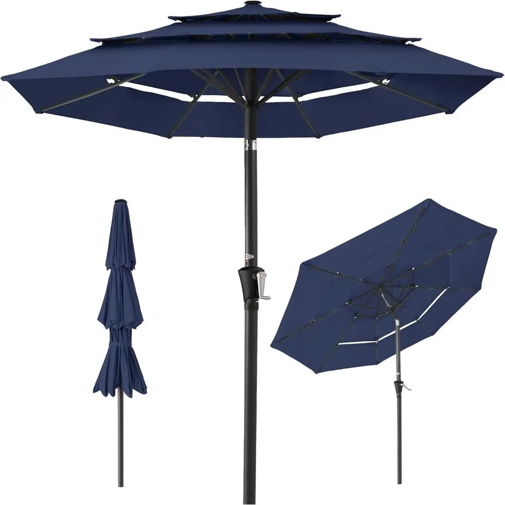 10ft 3-Tier Patio Umbrella with Crank Lift, Outdoor Sun Shade for Deck, Backyard, and Poolside