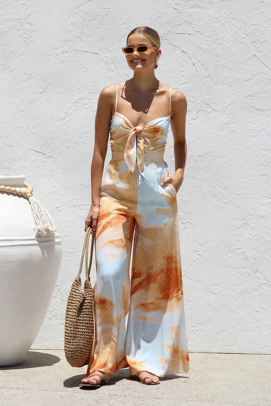 Summer New Print Spaghetti Strap jumpsuits Women Sexy Low Cut Bowknot Bowknot High Waist Wide Leg Jumpsuit Vacation Style Female