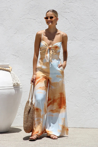 Summer New Print Spaghetti Strap jumpsuits Women Sexy Low Cut Bowknot Bowknot High Waist Wide Leg Jumpsuit Vacation Style Female