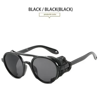 Steampunk Shields Sunglasses Men Women Classic SunGlasses With Side Leather Round Eyewear Pink UV400 Lens