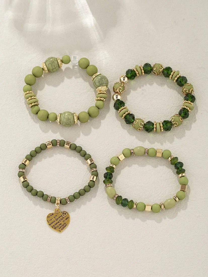 4Pcs Bohemia Acrylic Beaded Bracelet Set For Women Solid Heart Charm Elastic Chain Bangle Men Retro Daily Wear Jewelry Gift
