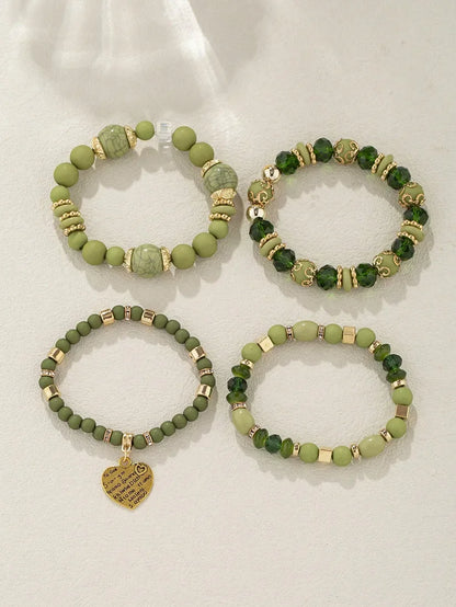 4Pcs Bohemia Acrylic Beaded Bracelet Set For Women Solid Heart Charm Elastic Chain Bangle Men Retro Daily Wear Jewelry Gift