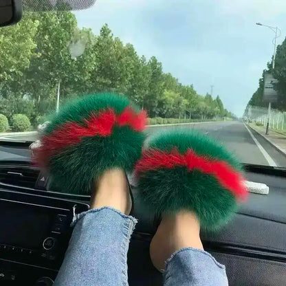 Fur Slippers Women Summer Fluffy Plush Casual Fluffy Flat Non-Slip Real Fox Fur Slides Outdoor Flat Ladies Sandals Flip Flops