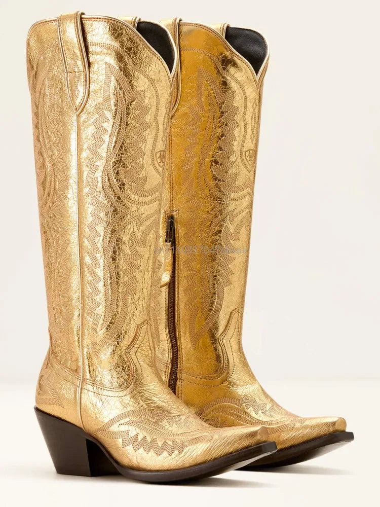 Women Western Cowboy Style Boots Pointed Thick High Heels Knee Length Embroidered Boot Autumn Block Heel Retro Casual Shoes