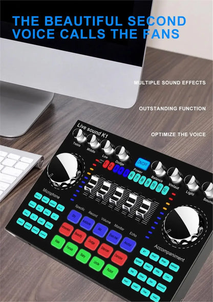 K1 Professional Live Sound Card Audio Mixer DJ Equipment Sound Card Effects Processors for Music Karaoke Recorder Live Broadcast