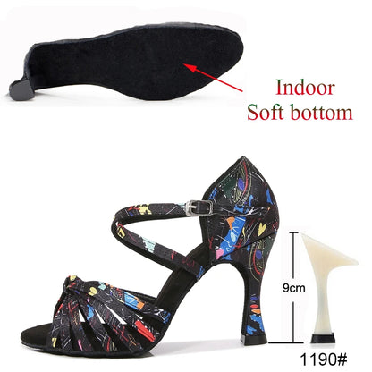 Latin Dance Shoes Women's Flower Satin Salsa Tango Ballroom Party High Heel Women's Shoes Summer Dance Sneakers Outdoor Sandals