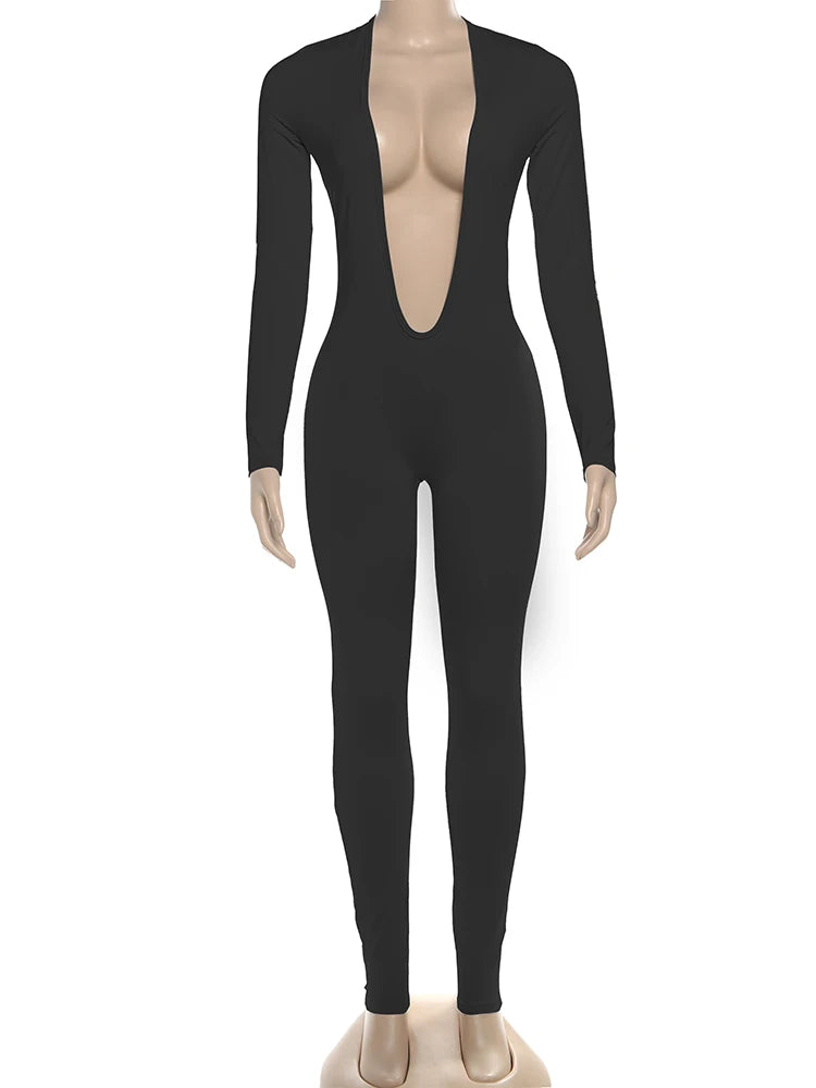 Nibber Backless Jumpsuit Women Deep v-Neck Long Sleeve Solid Skinny High Stretch Sexy Midnight Coquette Basis Wild Fall Outfits