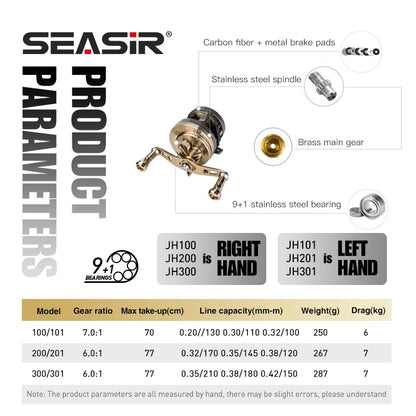 SEASIR JH All METAL Drum Baitcasting Reel CNC Machining Technology 9+1BB Max Drag 7kg Saltwater Fishing Reels