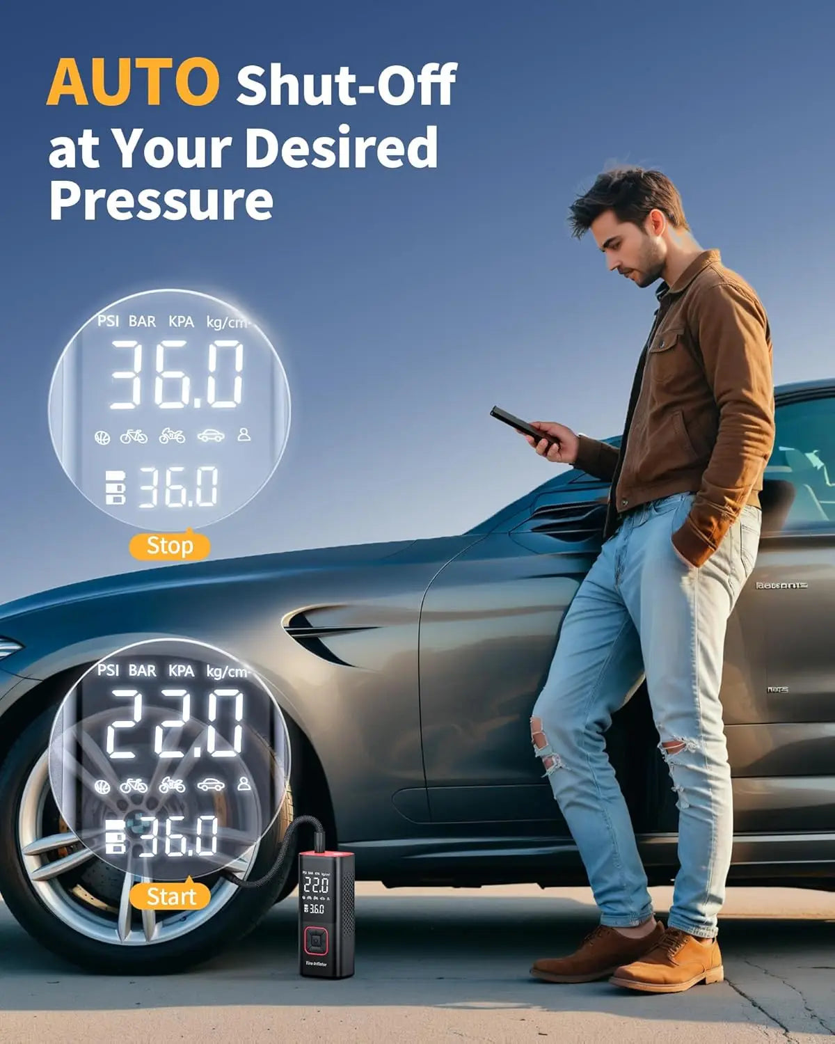 Cordless Tire Inflator 150PSI Portable Air Compressor with Auto Shutoff, LED Light for Car, Motorcycle, Bike