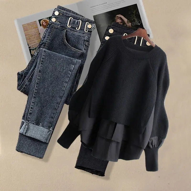 2026 Spring Autumn New Vintage Jeans Matching Set Women's Korean Elegant Fake Two Piece Knit Sweater+High Waist Denim Pants Suit