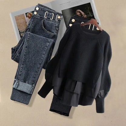 2026 Spring Autumn New Vintage Jeans Matching Set Women's Korean Elegant Fake Two Piece Knit Sweater+High Waist Denim Pants Suit