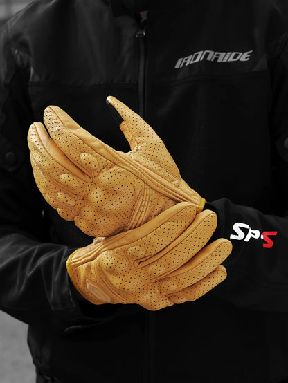Vintage Leather Motorcycle Gloves Summer Breathable Unisex Biker Gloves With Anti-Slip Ventilation Design Motorbike Ride Glove
