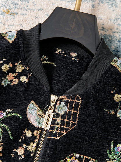 Luxury Beaded Black Jacquard Bomber Jacket Women Vintage Stand Collar Baseball Coat Elegant Embroidered Rhinestone Outerwear