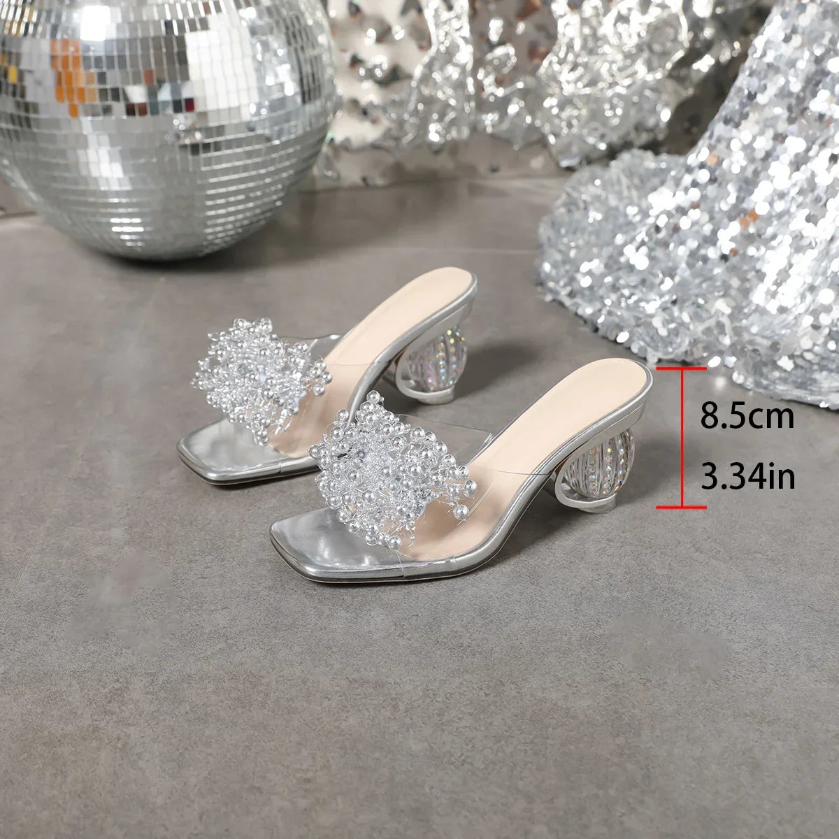 New Women High Heels Water Diamond Flower Sandals with Transparent Thick Bottom Women Shoes Party Dress PVC Slippers Mules Shoes