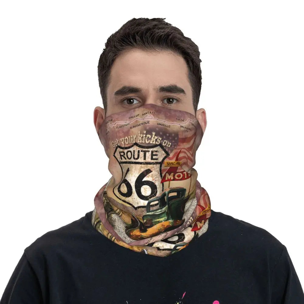 Custom Travel Motorcycle Ride Route 66 Bandana Winter Neck Warmer Windproof Wrap Face Scarf for Hiking Highways Gaiter Headband
