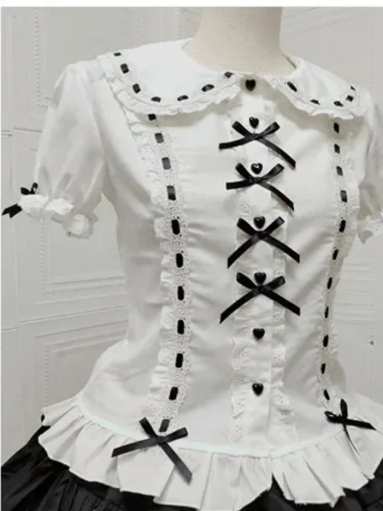 Summer Japanese Lolita Sweet Girls Short-sleeved Tops Women Goth Lace Bow Shirt Single-breasted Blouse Doll Collar Slim Tees New