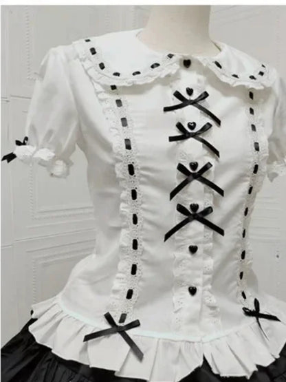 Summer Japanese Lolita Sweet Girls Short-sleeved Tops Women Goth Lace Bow Shirt Single-breasted Blouse Doll Collar Slim Tees New