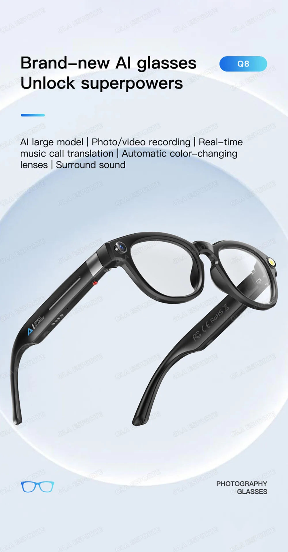 New AI Smart Glasses 4K HD Camera 32GB Memory BT Call Voice Assistant Translate Touch Control Music Player sunglasses Men Women