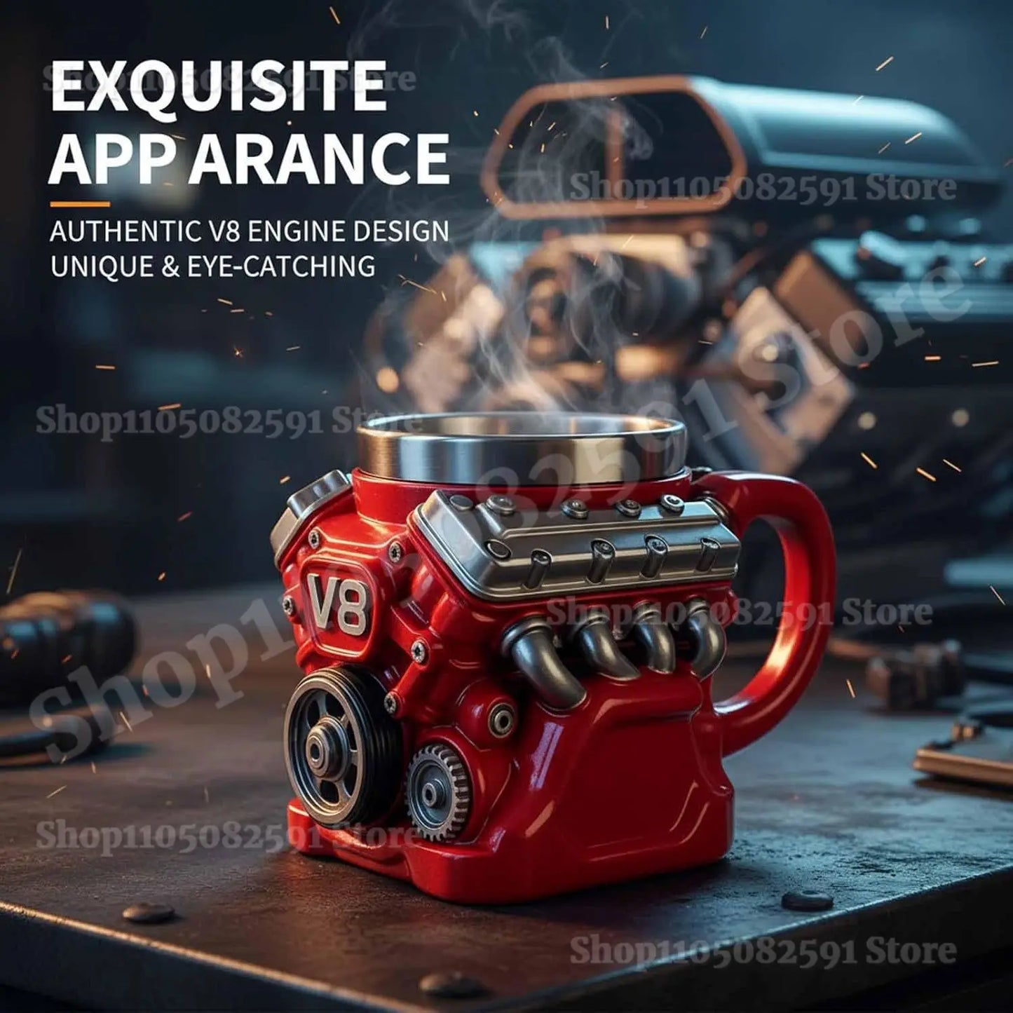 Retro Engine Coffee Mug,V8 Engines Stainless Steel Cup,Personalized Double Wall Insulation Car Mug with Handle for Christmas