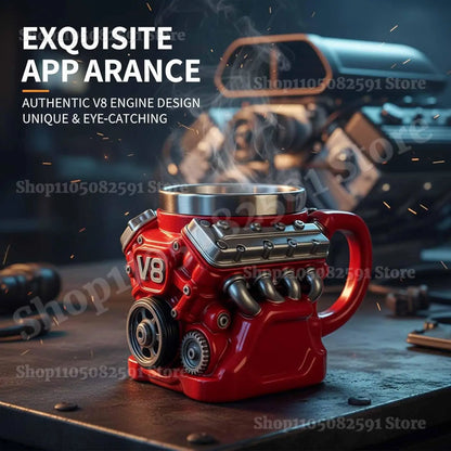 Retro Engine Coffee Mug,V8 Engines Stainless Steel Cup,Personalized Double Wall Insulation Car Mug with Handle for Christmas