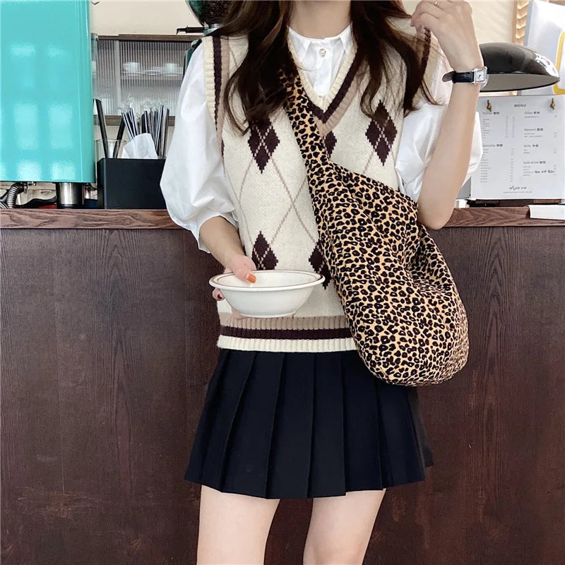 Women's Shoulder Bags Leopard Print Flower Fashionable Trendy Canvas Cross Bags Large Capacity Portable Shopping Shoulder Bags