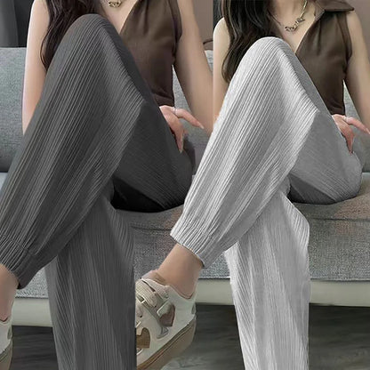Ice Silk Casual Wide Leg Harem Pants Trousers Solid Elastic Waist Women Clothing Sweet Streetweat Summer Ankle-Length Pants New